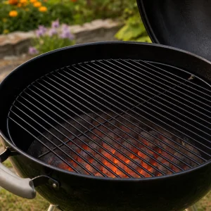 Clean grill grate heating over glowing charcoal
