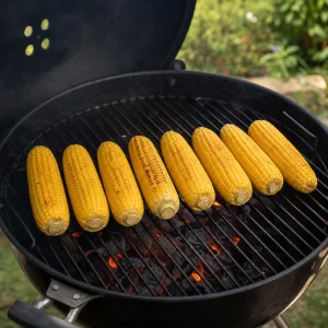 Corn ears beginning to cook over direct grill heat