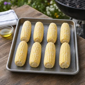 Eight oiled and salted corn ears ready for grilling