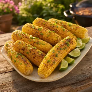 Finished charred corn served with lime wedges