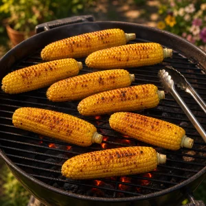 Tender corn with browned char marks on the grill