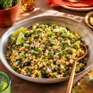 Charred poblano esquites with cotija, cilantro, and lime
