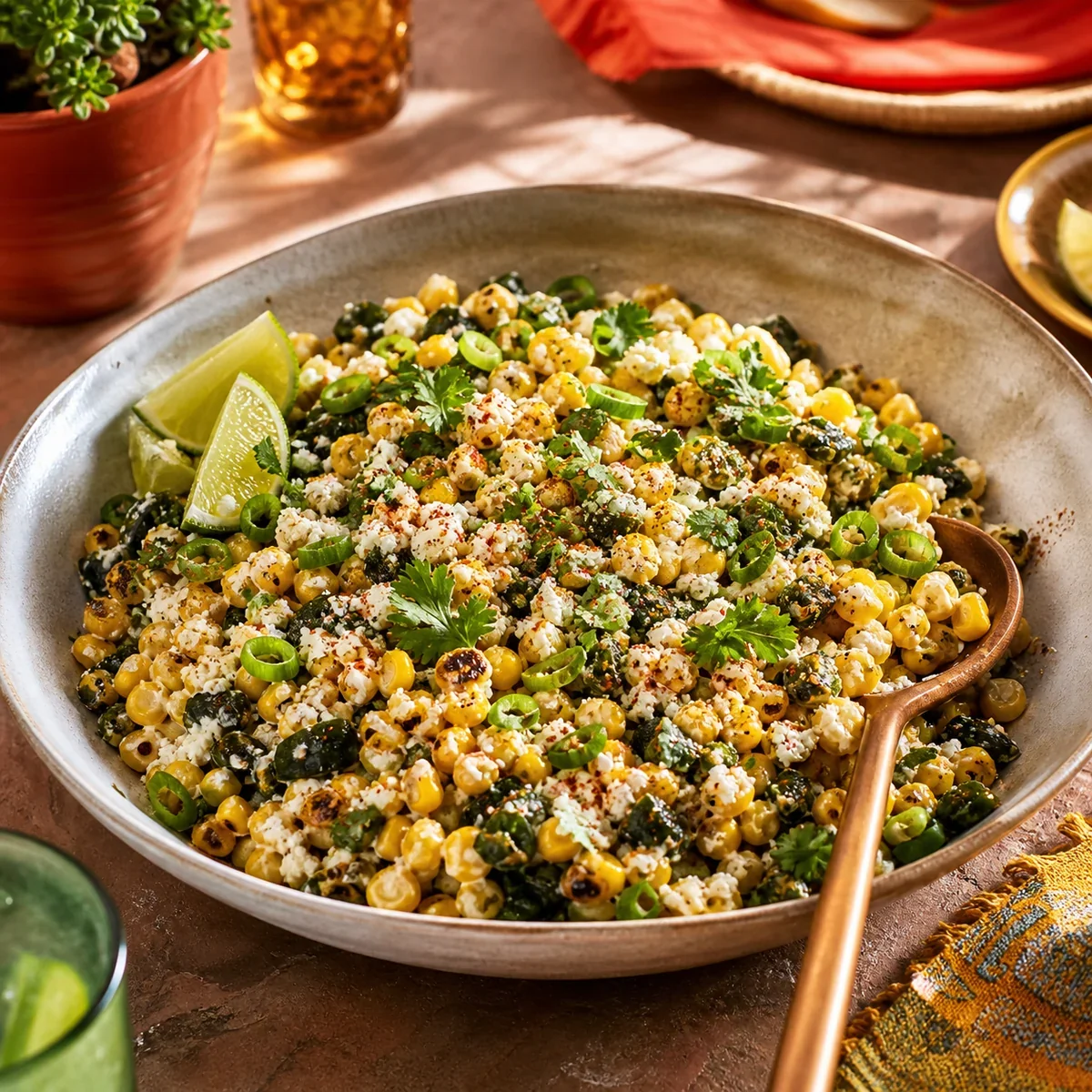 Charred poblano esquites with cotija, cilantro, and lime