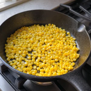 Corn kernels sizzling in an oiled cast-iron skillet