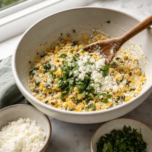 Cotija and cilantro added to creamy charred corn