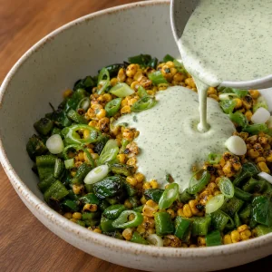 Lime-crema poured over corn, poblano, and scallions