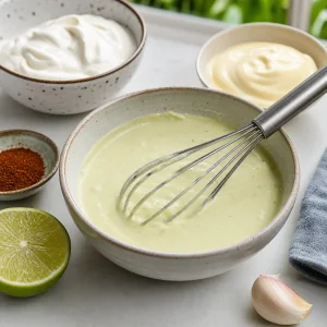 Smooth lime-crema dressing in a small bowl