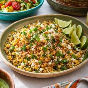 Warm esquites garnished with cotija and lime wedges