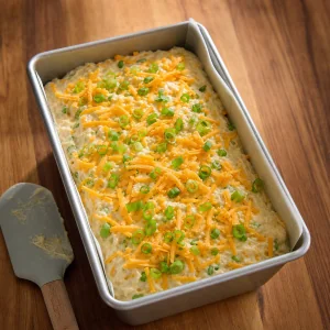 Bread batter topped with cheddar and scallions in the pan