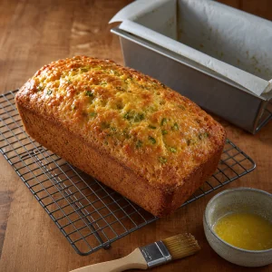 Butter-brushed cheddar scallion loaf cooling on a rack