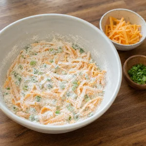 Cheddar and scallions coated in the flour mixture