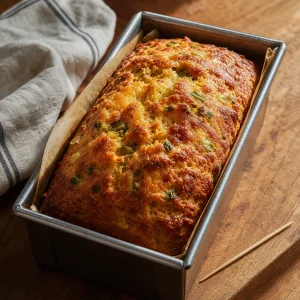 Golden cheddar scallion lager loaf baked in the pan