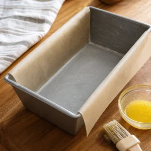 Greased loaf pan lined with a parchment sling