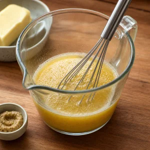 Lager mixture whisked with butter and Dijon mustard