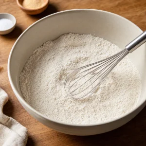 Seasoned flour mixture with a whisk in a bowl