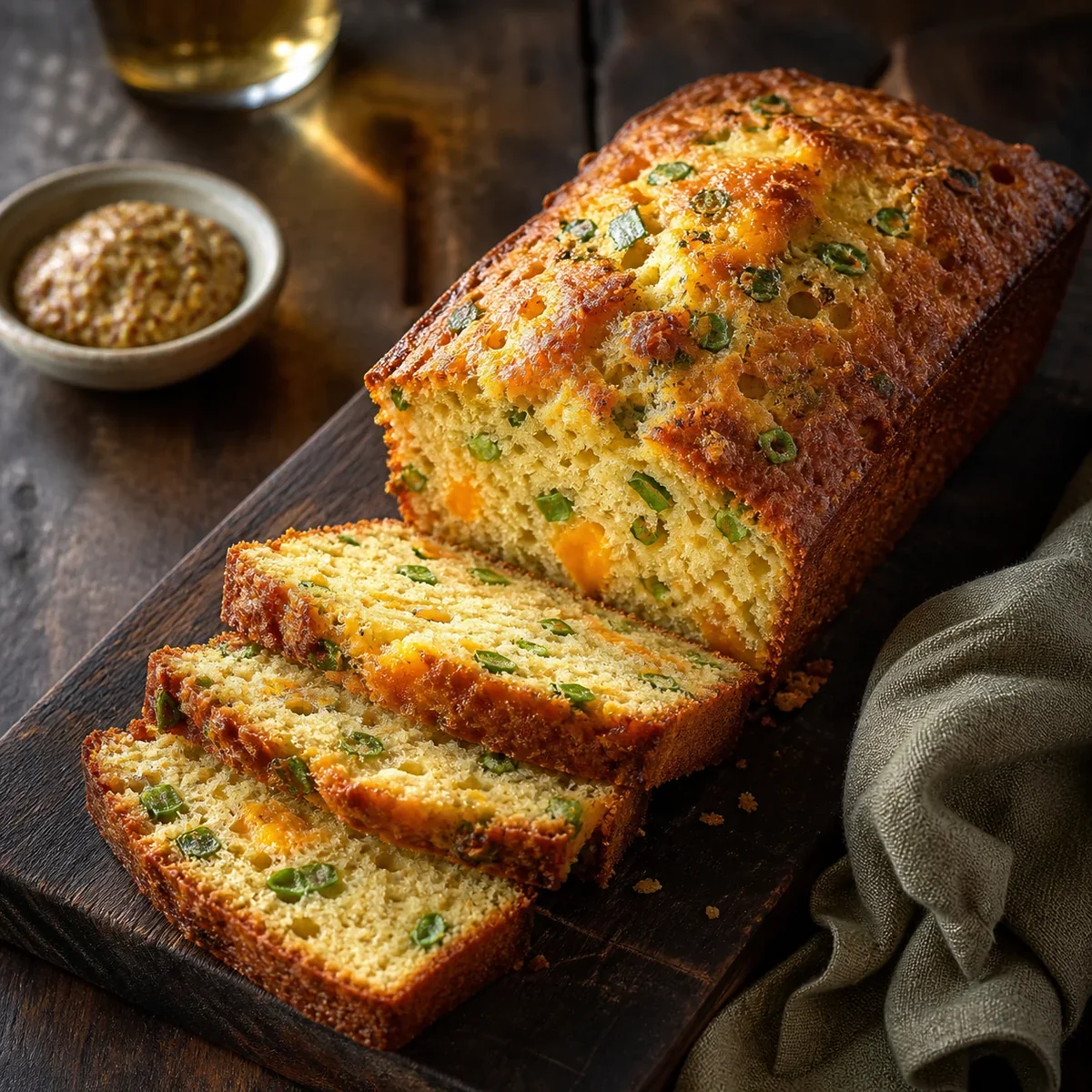 Sliced cheddar scallion lager bread on a wooden board