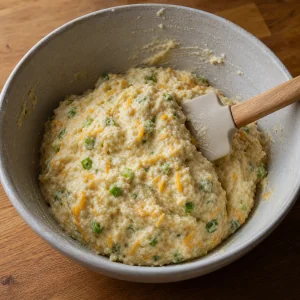 Thick cheddar scallion batter folded with a spatula
