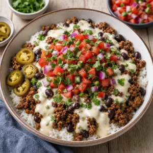 Finished queso rice bowl topped with fresh pico de gallo cilantro and jalapenos