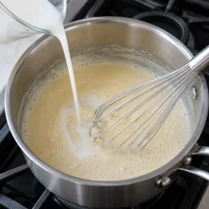 Milk whisked into roux as the queso base thickens