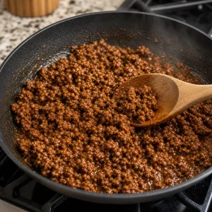 Seasoned taco beef simmering until coated for queso bowls