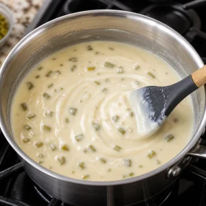 Smooth white queso sauce with diced green chiles in a saucepan