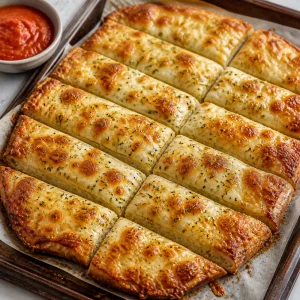 Bâtonnets de pain à l’ail et au fromage cuits, avec fromage bouillonnant et bords dorés