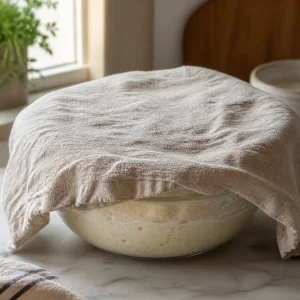 Pâte à pain reposant dans un bol graissé sous un torchon propre pour lever