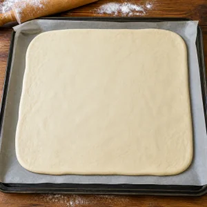 Pâte à gressins étalée en grand rectangle sur une plaque recouverte de papier cuisson