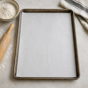 Grande plaque recouverte de papier cuisson prête pour la pâte à gressins