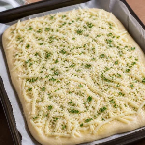 Mozzarella, parmesan et persil répartis uniformément sur la pâte au beurre d’ail