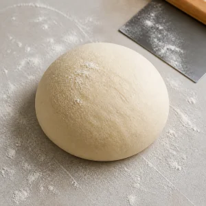 Boule de pâte à pain lisse et élastique sur un plan de travail légèrement fariné