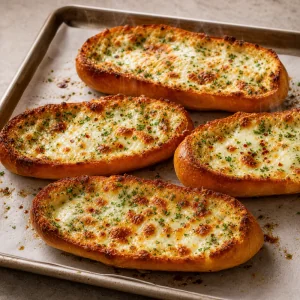 Baked garlic gondolas with bubbly browned cheese on a sheet pan.