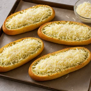 Bread boats filled with shredded mozzarella and Parmesan.