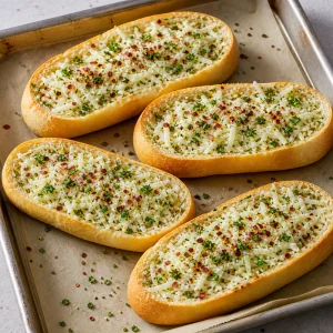 Cheese-filled bread boats topped with parsley and red pepper flakes.