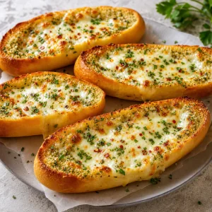 Finished cheesy garlic bread gondolas with melted herbs and Parmesan.