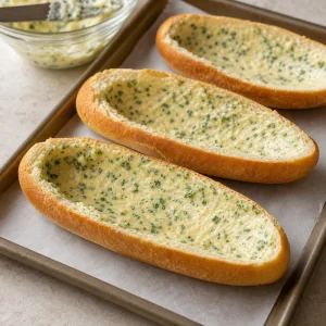 Garlic butter spread inside hollow bread boats.