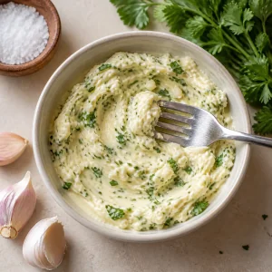 Garlic herb butter mashed in a small bowl.