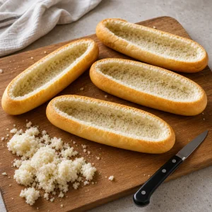 Hollowed bread rolls cut into gondola shapes on a board.