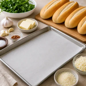 Parchment-lined baking sheet with rolls and garlic bread ingredients.
