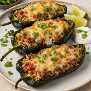 Cheesy ground beef and rice stuffed poblano peppers with melted Monterey Jack cheese and cilantro