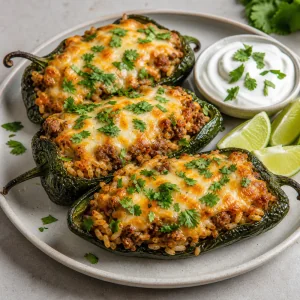 Poblano ripieni finiti con coriandolo e serviti con panna acida e lime
