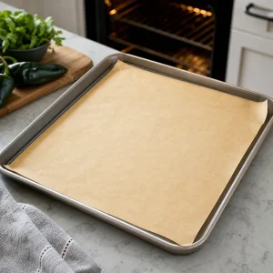 Teglia rivestita di carta forno pronta per arrostire i poblano