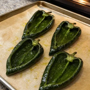 Meta di poblano condite con olio d'oliva e precotte finche morbide