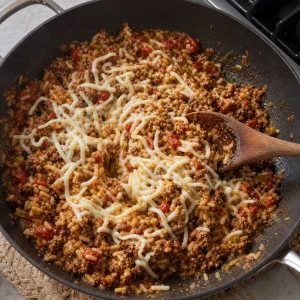 Monterey Jack grattugiato che si scioglie nel ripieno di carne e riso