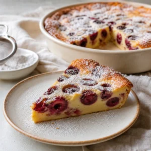 Une part de clafoutis aux cerises saupoudrée de sucre glace