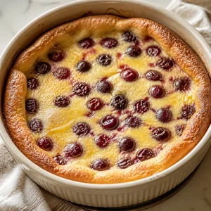 Clafoutis aux cerises cuit avec des bords dorés et gonflés