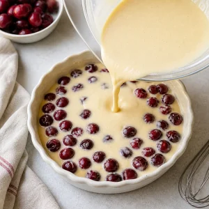 Appareil à clafoutis versé sur les cerises