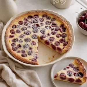 Finished cherry clafoutis with a plated slice