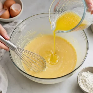 Beurre fondu versé dans l’appareil à clafoutis
