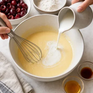 Lait versé dans un appareil à clafoutis lisse